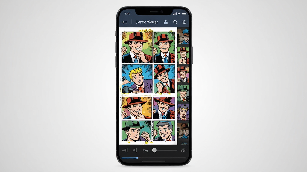 һ����Ϊ Comic Viewer ���ֻ������Ķ������棬����Ϊ�ֻ���Ļ����ʾ��ɫ����ҳ�棬����Ϊ�����ֻ�����չʾ������Ϊ���ǳ��ɫ���䣬���Ϊ�ִ���ƽ�� UI ��ƣ�ϸ�ڰ����������������ײ���ҳ����������������ͼ����������ʸ��壬����ɾ����޶���Ԫ��