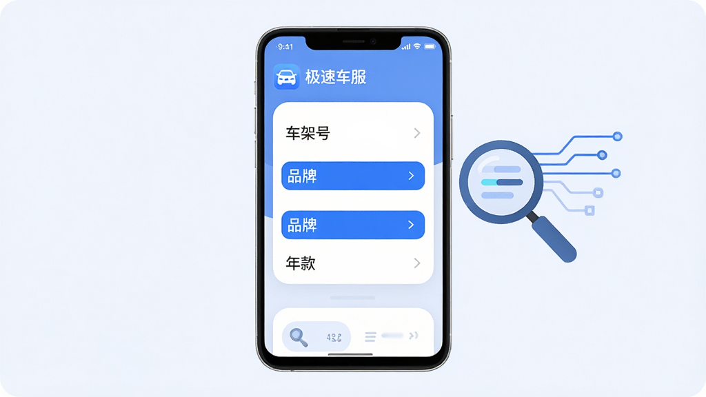 画面主体为一部竖屏安卓手机,屏幕中央显示车辆信息查询结果卡片,卡片上方标注“极速车服”应用名称,卡片内以列表形式呈现车架号、品牌、年款等字段,手机右侧漂浮着放大镜与数据线条组成的抽象图形,布局为手机居中的对称构图,风格为扁平化科技视觉,细节包括浅色背景、圆角卡片、蓝色高亮字段,画质清晰干净,无多余装饰元素