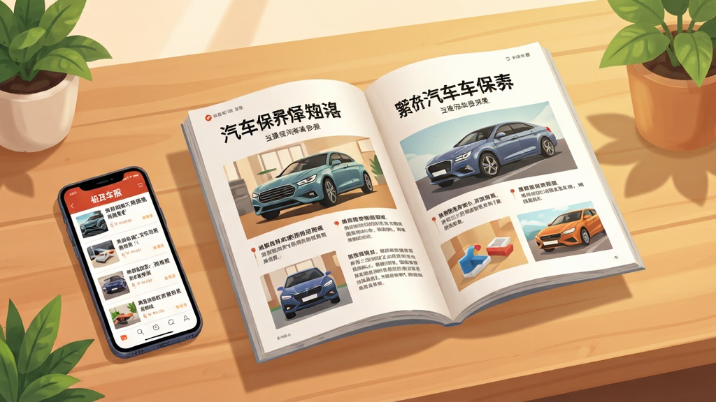画面主体为一本翻开的电子杂志悬浮在画面中央,书页上呈现汽车保养知识与资讯标题,杂志左侧放置一部手机,手机屏幕显示“极速车服”资讯列表页面,布局为左书右机的平衡构图,风格为温暖明亮的插画风,细节包括木质桌面、绿植点缀、柔和阴影,画质细腻干净,无杂乱元素