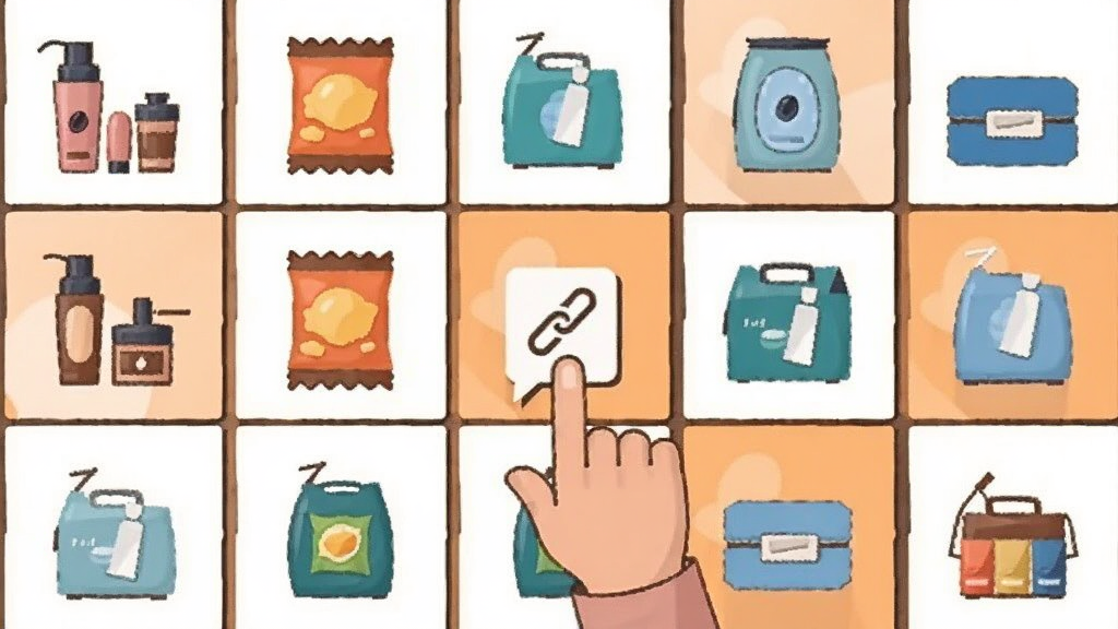 画面展示一个整齐排列的商品网格墙,每个格子内放置不同品类的商品图标,如化妆品瓶、零食包装、日用品盒,网格前方有一只手点击其中一个商品并弹出链接图标,背景为白色与浅橙色搭配,风格为简洁矢量插画,布局规整,细节清晰,画质干净,无杂乱元素
