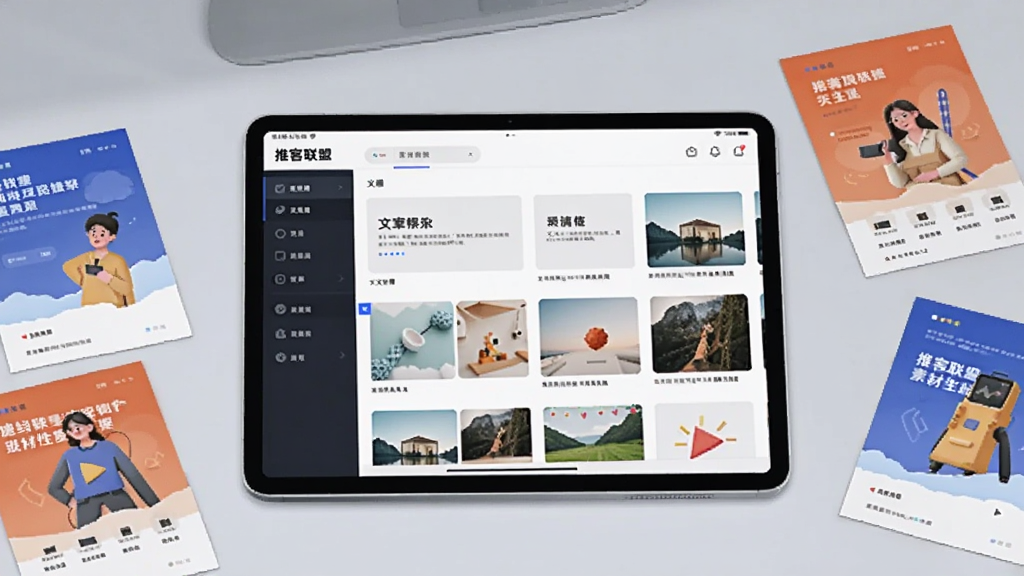 画面中央是一台平板电脑,屏幕上显示