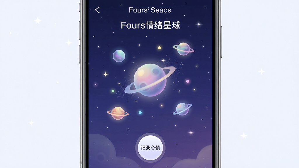 一张竖版手机应用界面展示图,画面中央是一部现代智能手机,屏幕显示“Fours情绪星球”主界面,深蓝紫色星空背景上漂浮着柔和发光的小星球与情绪光点,底部有记录心情的圆形按钮,整体布局简洁,风格治愈清新,细节包括细腻的星光粒子与柔和渐变,画质高清,干净,无多余元素