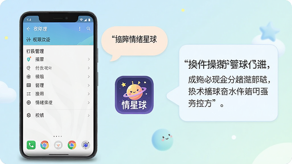 一张手机操作示意图,画面展示安卓手机设置界面中权限管理页面,旁边配有“Fours情绪星球”应用图标与柔和提示气泡,布局为左侧手机右侧说明文字框,风格简洁明快,细节包含清晰的图标与柔和配色,画质高清,干净,无多余元素
