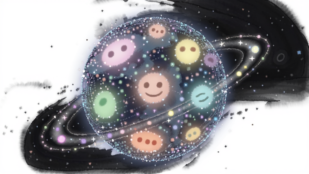 一张横向插画,画面主体是一颗由彩色光点组成的情绪星球悬浮在深色宇宙中,星球表面分布着代表不同情绪的柔和光斑,布局为星球居中、四周留白,风格梦幻治愈,细节包含星环与微光粒子,画质细腻高清,干净,无多余元素