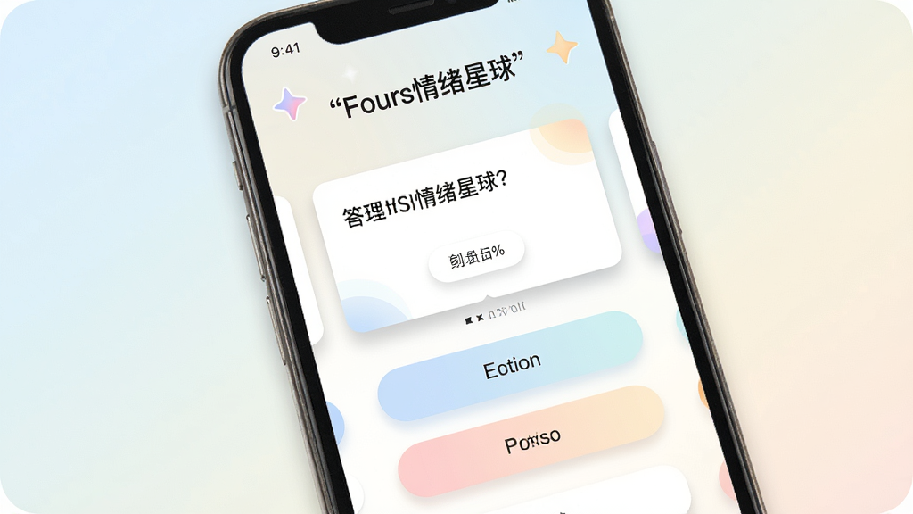 一张手机界面展示图,屏幕显示“Fours情绪星球”答题页面,画面中有简洁的题目卡片与柔和选项按钮,背景为浅色渐变,布局清晰,风格清新简约,细节包含细腻的卡片阴影与柔和配色,画质高清,干净,无多余元素