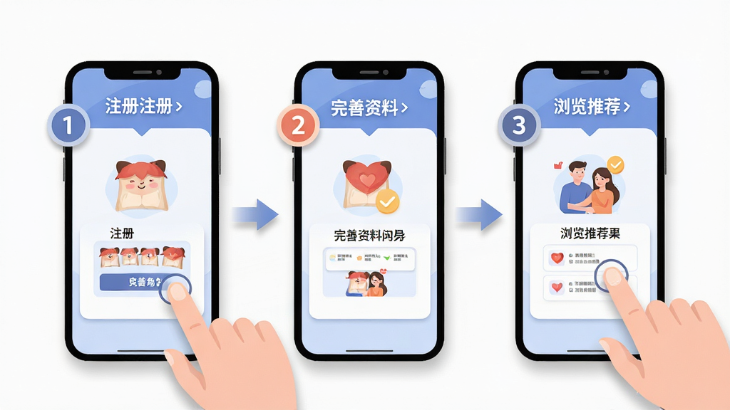 画面主体为“良缘角”应用的新手操作引导界面,布局采用分步图示排列,画面中展示手机屏幕与手指点击动作的示意,排版从左至右呈现注册、完善资料、浏览推荐三个步骤,风格为简洁明快的矢量插画,细节包含步骤序号圆标、箭头引导线与柔和阴影,画质干净清晰,无多余背景装饰
