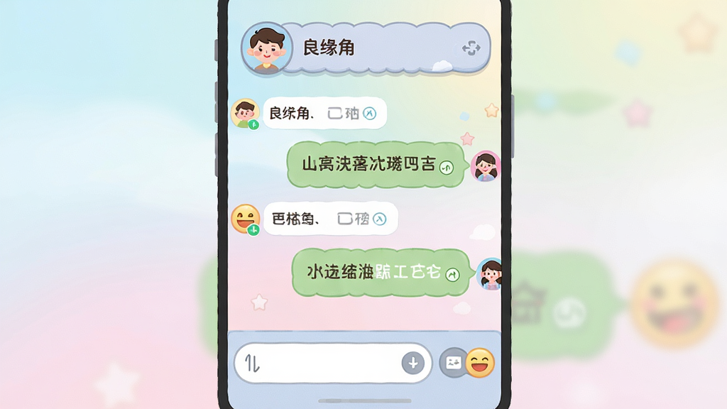 画面主体为“良缘角”聊天对话界面,布局采用经典气泡对话流,左右分列双方消息,顶部为对方头像与昵称栏,底部为输入框与功能按钮排布,排版规整清晰,风格为简约圆角卡通插画,细节包括已读标记、表情面板图标与柔和渐变背景,画质干净明快,无杂乱装饰