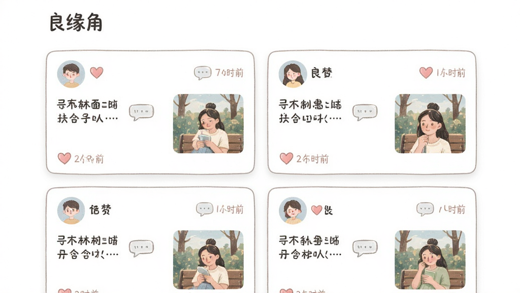 画面主体为“良缘角”动态广场页面,布局采用瀑布流双列卡片形式,每张卡片包含用户头像、简短文字与生活照片缩略图,排版疏密有致,风格为柔和粉彩手绘插画,细节包含点赞爱心图标、评论气泡与发布时间标签,画质干净清晰,背景留白充分,无多余元素