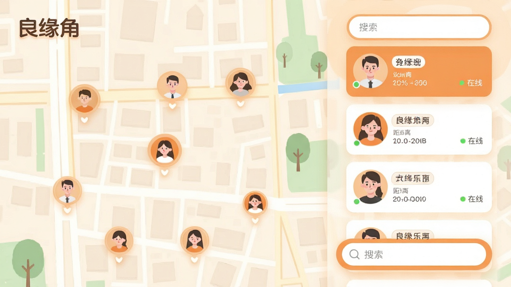 画面主体为“良缘角”附近推荐功能界面,布局采用地图与列表结合的形式,左侧为简化城市街区地图并标注多个用户头像光点,右侧为竖向排列的用户卡片列表,排版错落有致,风格为温暖橙色调的扁平化UI插画,细节包括距离标签、在线状态圆点与圆角搜索框,画质清晰干净,无多余装饰