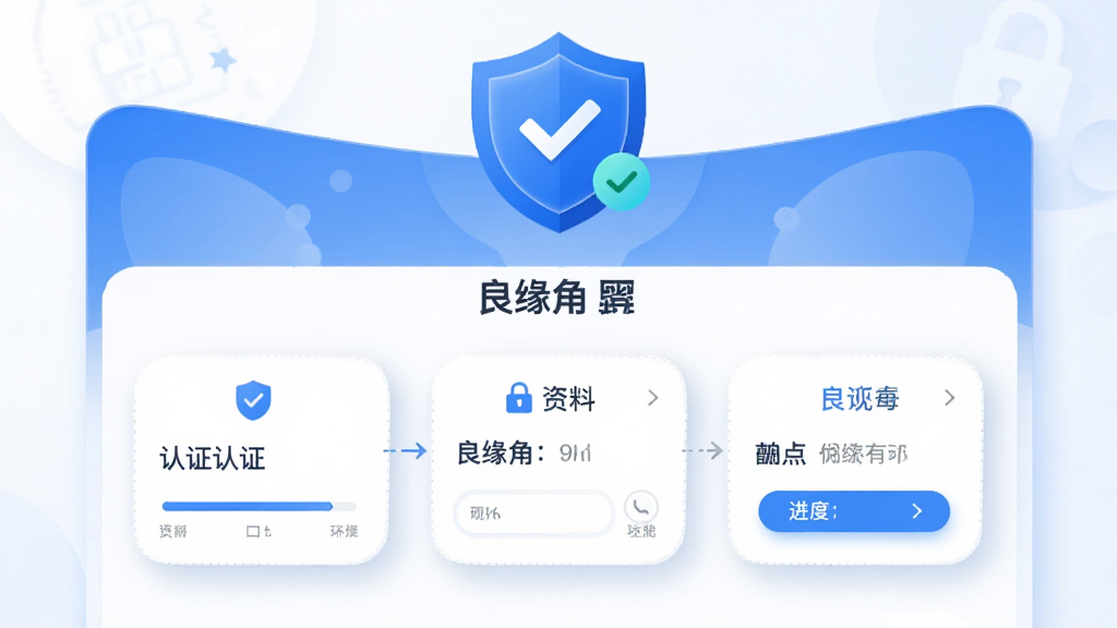 画面主体为“良缘角”应用内的实名认证页面,布局采用上下分层结构,上方为盾牌与对勾组成的认证徽章图标,下方为分步填写的资料卡片表单,排版清晰有序,风格为清爽的蓝白商务插画,细节包含进度条、锁形安全标识与柔和阴影,画质干净明亮,无杂乱背景元素