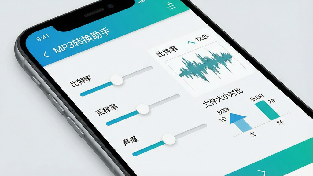 一张展示音频参数调节界面的手机截图风格示意图,画面中“MP3转换助手”设置面板上显示比特率、采样率、声道三个调节滑块,旁边配有波形图与文件大小对比示意,整体风格清爽现代,浅灰背景,蓝绿色点缀,画质细腻,布局规整