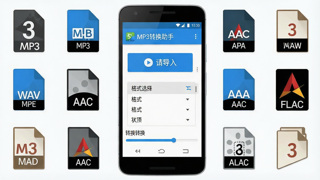 一张展示安卓手机界面的产品全貌图,手机屏幕中央显示“MP3转换助手”应用主界面,界面包含音频导入按钮、格式选择列表和转换进度条,手机周围环绕MP3、WAV、AAC、FLAC等格式图标,整体采用扁平化科技风格,蓝白配色,背景干净简洁,画质清晰,无多余装饰元素