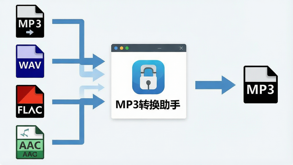 一张展示音频格式转换流程的示意图,画面中央是“MP3转换助手”软件标志,左侧排列MP3、WAV、FLAC、AAC等格式图标,右侧统一汇聚为MP3图标,中间用箭头连接表示转换方向,整体采用简洁的信息图风格,浅色背景,图标清晰,画质干净,无杂乱元素