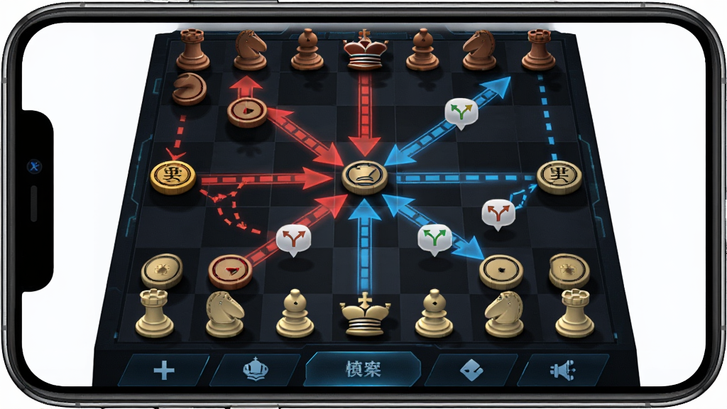象棋大招版推演模式界面,主体为手机横屏显示的象棋棋盘,棋盘上高亮显示红色与蓝色走子路径箭头,布局为棋盘占据主要画面、底部为操作按钮栏,风格为科技感深色棋盘风,细节包含棋子阴影、路径虚线、分叉提示气泡,画质高清、干净、无多余元素