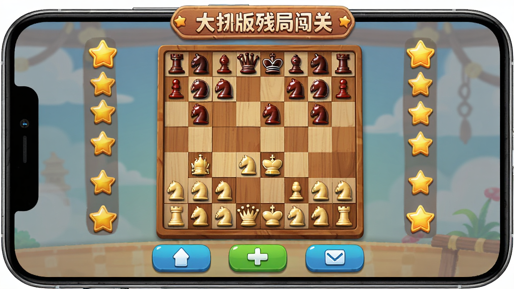 象棋大招版残局闯关界面,主体为手机屏幕中央的残局棋盘,棋盘边缘带有闯关进度星标,布局为上方关卡标题、中间棋盘、下方按钮组,风格为休闲益智游戏风,细节包含木质棋盘、棋子光泽、星星评级图标,画质清晰、干净、无多余元素