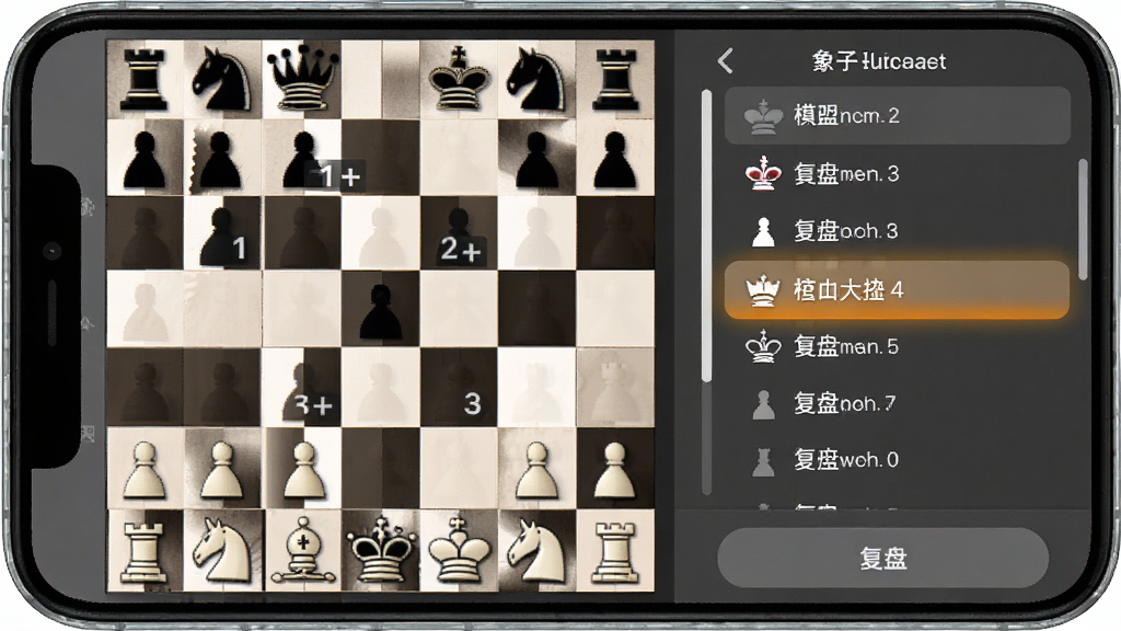 象棋大招版棋谱复盘界面,主体为手机屏幕内棋盘与右侧走子记录列表并排布局,棋盘上标注关键手序号,风格为简洁工具类应用风,细节包含记录列表滚动条、高亮当前步、复盘按钮,画质高清、干净、无多余元素