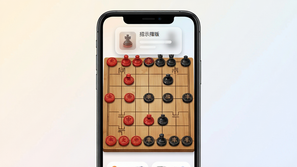 象棋大招版应用主界面展示,主体是一部竖屏手机屏幕,屏幕中央为木质纹理的中国象棋棋盘,红黑双方棋子整齐排列,棋盘上方悬浮着半透明的招式提示卡片,布局为手机居中、浅色渐变背景衬托,排版简洁清晰,风格为现代扁平化应用展示风,细节包含棋盘格线、棋子立体高光、提示卡片圆角边缘,画质高清、干净、无多余元素