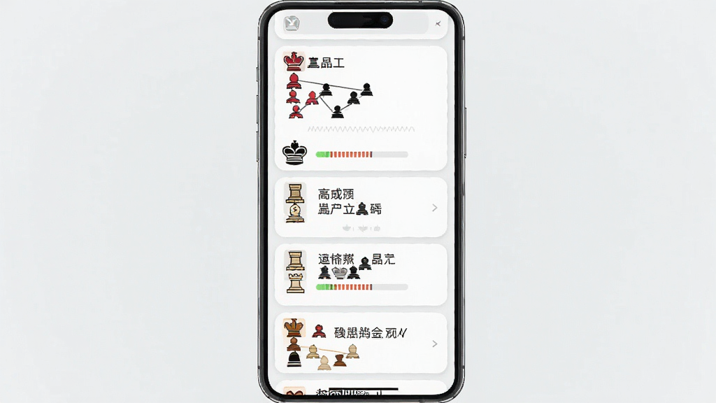 象棋大招版招式库界面,主体为手机屏幕内纵向排列的招式卡片列表,卡片上标注着红黑棋子的走位示意图与简短文字说明,布局为列表式上下滑动结构,风格为清爽浅色卡片风,细节包含分类标签、棋子图标、进度条装饰,画质清晰、干净、无多余元素