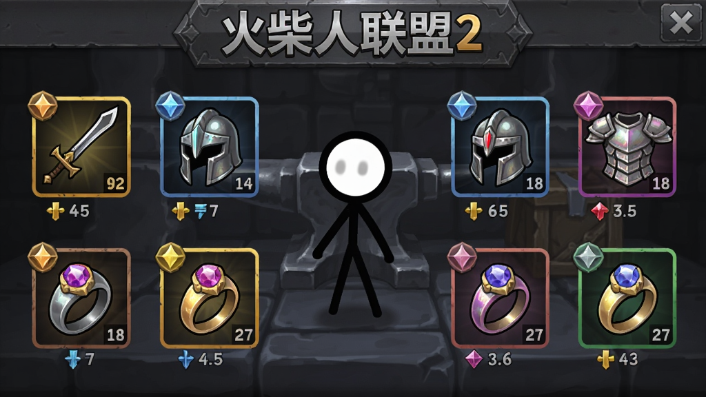 一幅装备养成界面示意图,画面中展示一个火柴人角色站在中央,周围环绕着武器、头盔、铠甲、戒指等装备图标,每个图标带有品质颜色边框与强化等级数字,背景为深灰色锻造台场景,画面顶部用金属质感字体写着