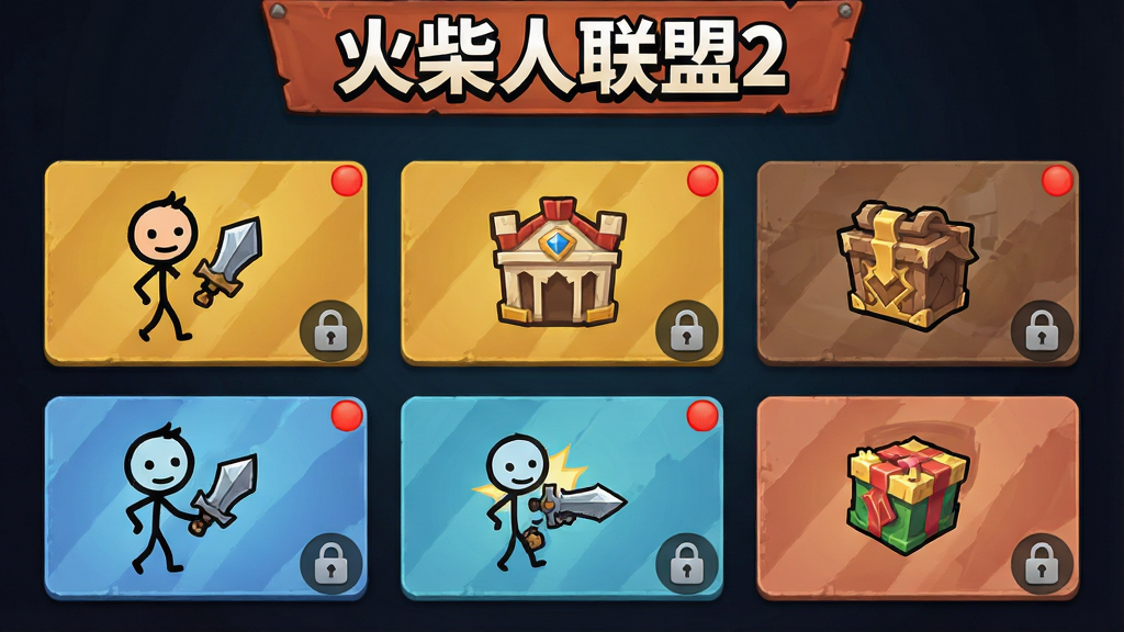 一张游戏玩法模式选择界面图,画面中展示多个玩法入口图标,包括竞技场、公会、副本、活动等,每个图标配有简笔画火柴人形象,背景为深色渐变,顶部横幅用粗体字写着