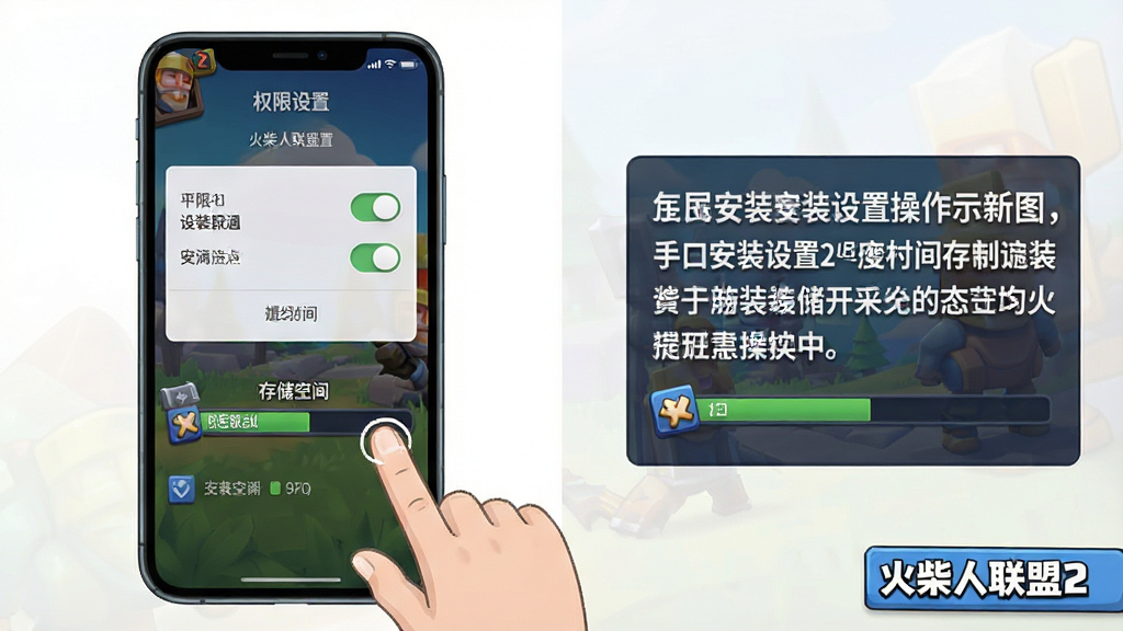 一幅手机游戏安装设置操作示意图,画面中展示一部智能手机屏幕,屏幕上显示权限设置界面与游戏安装进度条,旁边有手指点击操作的示意,画面角落用标签文字标注