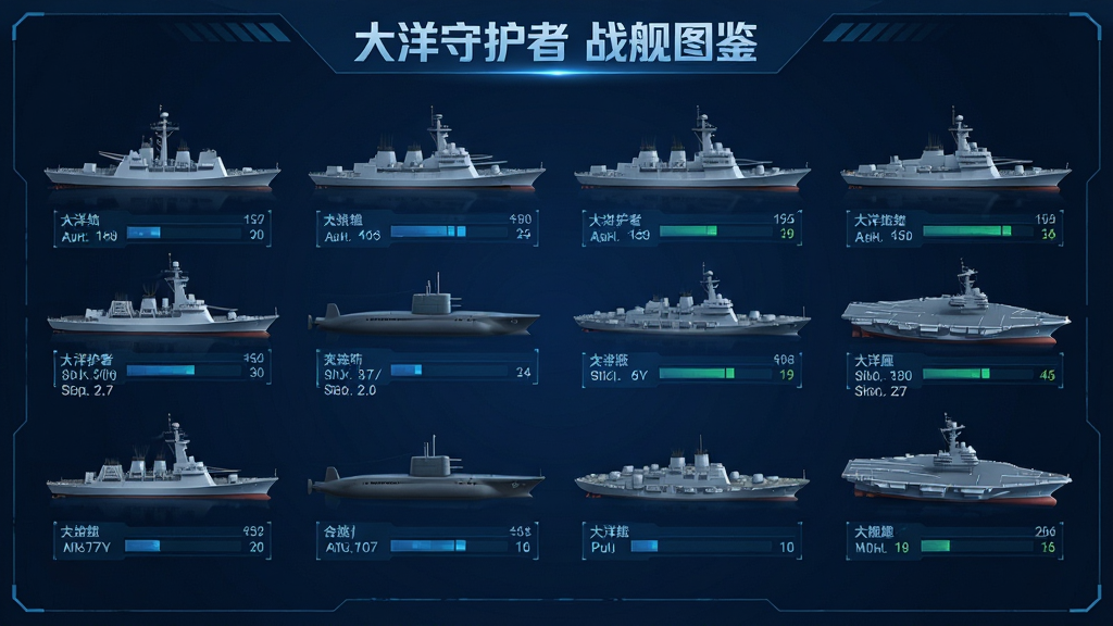 一张展示多艘不同型号战舰整齐排列的界面示意图,画面中有驱逐舰、潜艇与航空母舰,每艘战舰下方带有属性数值条,背景为深蓝色科技感界面,画面中央上方写着「大洋守护者 战舰图鉴」,风格简洁现代,布局规整,细节清晰,画质干净