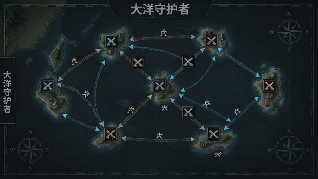 一张游戏内海域战役地图的示意图,画面中有多个岛屿节点与航线连接,节点上标注战斗图标,地图边缘有「大洋守护者」字样,整体风格为深色军事地图质感,布局清晰,细节丰富,画质干净无杂乱元素