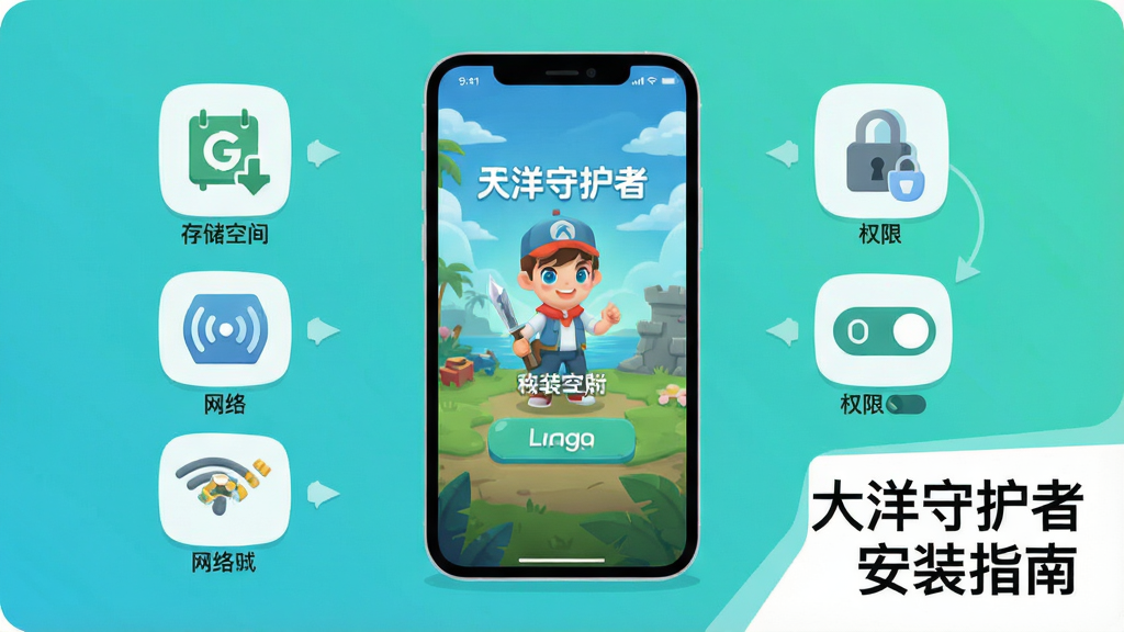 一张手机游戏安装与运行设置的示意图,画面中一部智能手机屏幕显示游戏加载界面,旁边有存储空间、网络信号与权限开关的图标,画面一角写着「大洋守护者 安装指南」,风格为扁平化科技插画,布局清晰,配色清爽,细节干净