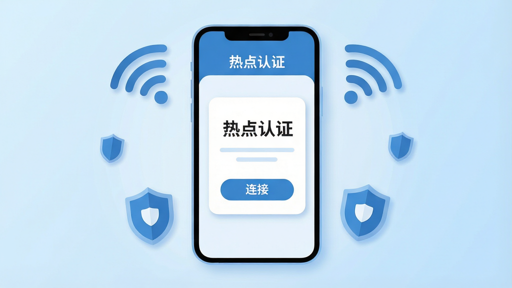 画面中央放置一部智能手机,屏幕显示简洁的网络认证界面,界面中有“热点认证”字样的标题栏与连接按钮,手机周围环绕Wi-Fi信号图标与盾牌安全标识,背景为浅蓝色渐变,布局采用居中对称构图,风格为扁平化科技插画,细节包括柔和的阴影与圆角卡片元素,画质清晰,画面干净,无多余装饰元素