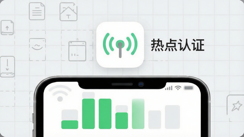 画面展示一个轻巧的应用程序图标悬浮在手机存储空间示意图上方,图标旁标注“热点认证”文字,下方有表示低占用的绿色条形图,背景为浅灰色网格,布局为上下结构,风格为清爽信息图风格,细节包含圆角矩形与细线条图标,画质干净,无多余元素