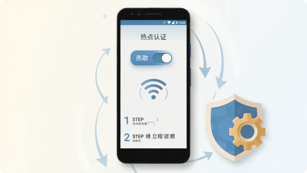 一部安卓手机屏幕显示“热点认证”应用的操作引导页面,页面中有权限开关图标、Wi-Fi连接示意图与步骤序号,手机旁边放置一个盾牌与齿轮组合图标,背景为浅色渐变,布局为手机居中、图标环绕,风格为扁平化教程插画,细节包含清晰的步骤箭头与柔和阴影,画质干净,无杂乱元素