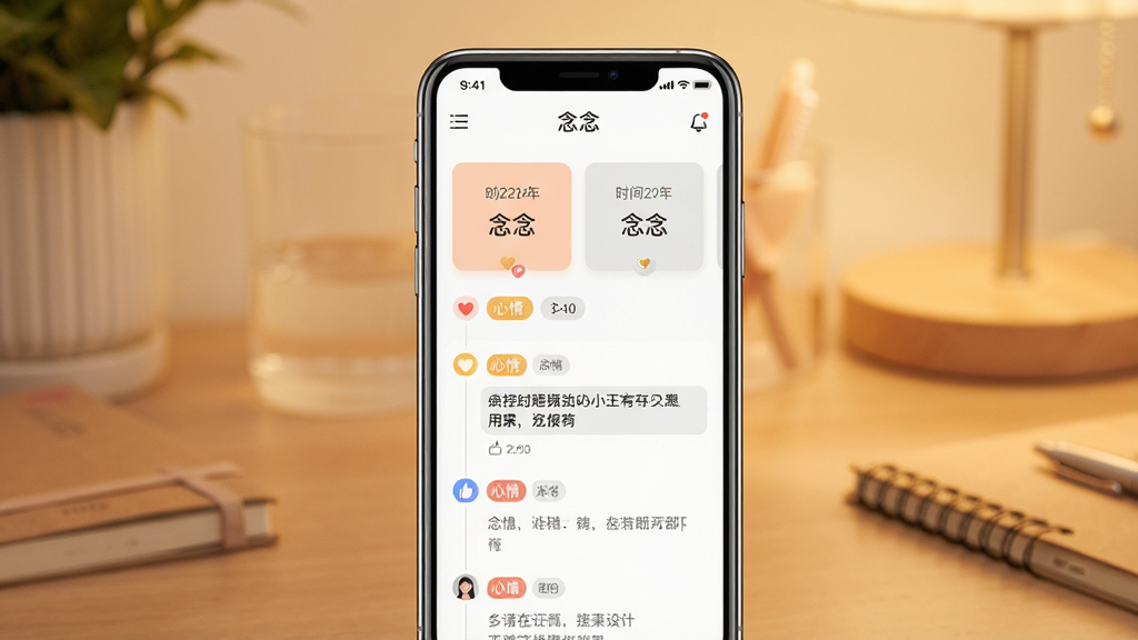 一张展示手机应用“念念”主界面的场景图,画面中央是一部竖屏智能手机,屏幕上显示“念念”应用的时间轴记录页面,包含日期卡片、心情标签和文字条目,背景为柔和暖色调的桌面环境,主体居中,布局简洁,排版清晰,风格温馨现代,细节包括手机边框反光和界面图标,画质高清,干净,无多余元素