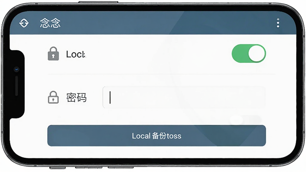 一部手机屏幕显示“念念”应用的隐私设置页面,画面中包含应用锁开关、密码输入框和本地备份按钮,主体为手机界面,布局为列表式排版,风格沉稳安全,细节包括锁形图标和加密标识,画质高清,干净,无多余元素