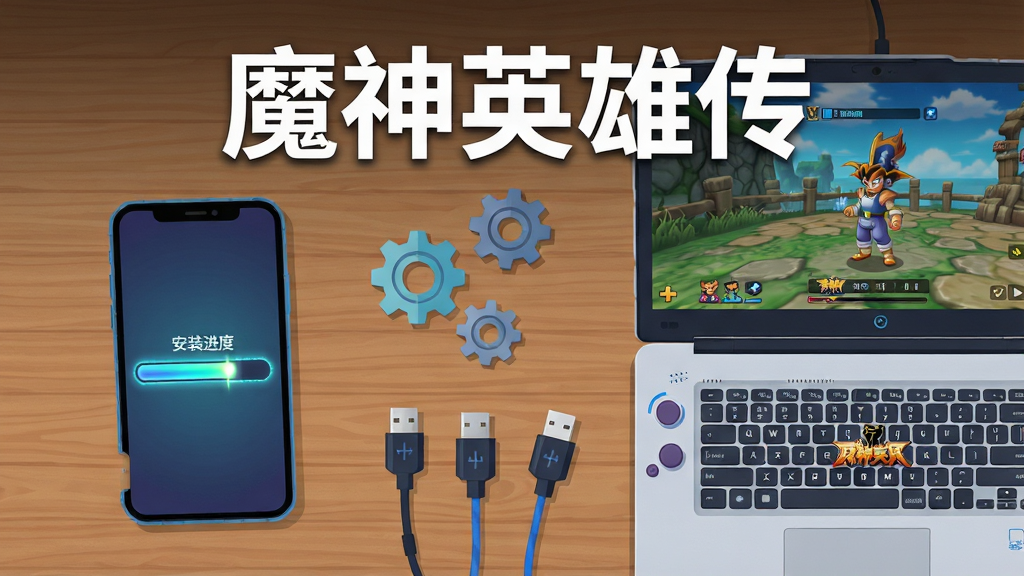 画面主体为一部智能手机屏幕显示游戏安装进度条,旁边放置一台打开的游戏本电脑,屏幕上显示模拟器运行界面;布局为桌面俯拍视角,手机在左、电脑在右,中间散落几颗齿轮与数据线;排版在画面上方用白色粗体字写着“魔神英雄传”标识;风格为扁平化科技插画,色调清爽;细节上进度条有发光效果,桌面木纹清晰;画质为4K高清,画面干净,无多余元素