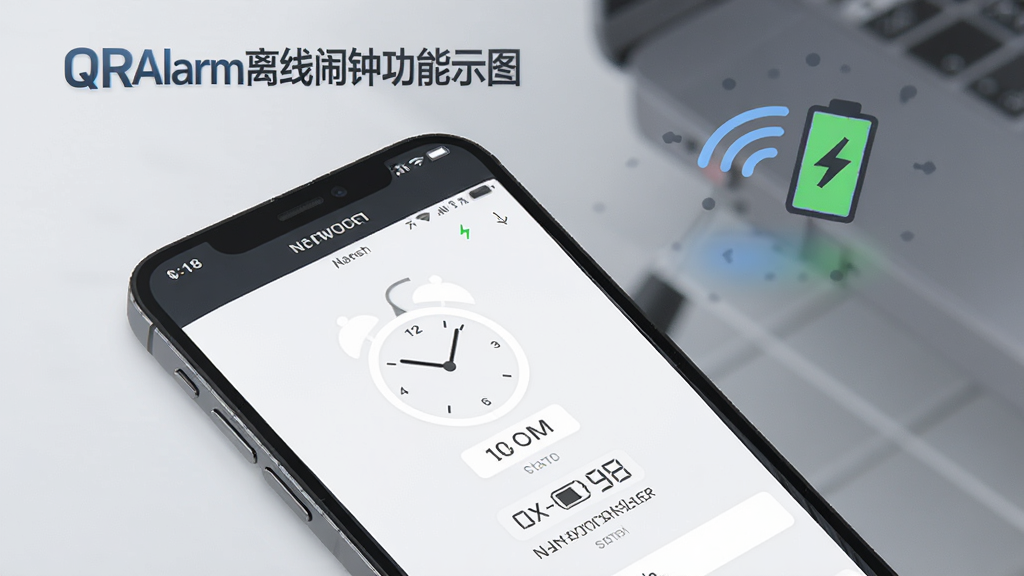 QRAlarm离线闹钟功能示意图,手机屏幕显示无网络状态下的闹钟正常运行界面,背景带有信号屏蔽图标与电池图标,风格简洁科技感,画面干净,突出软件名称