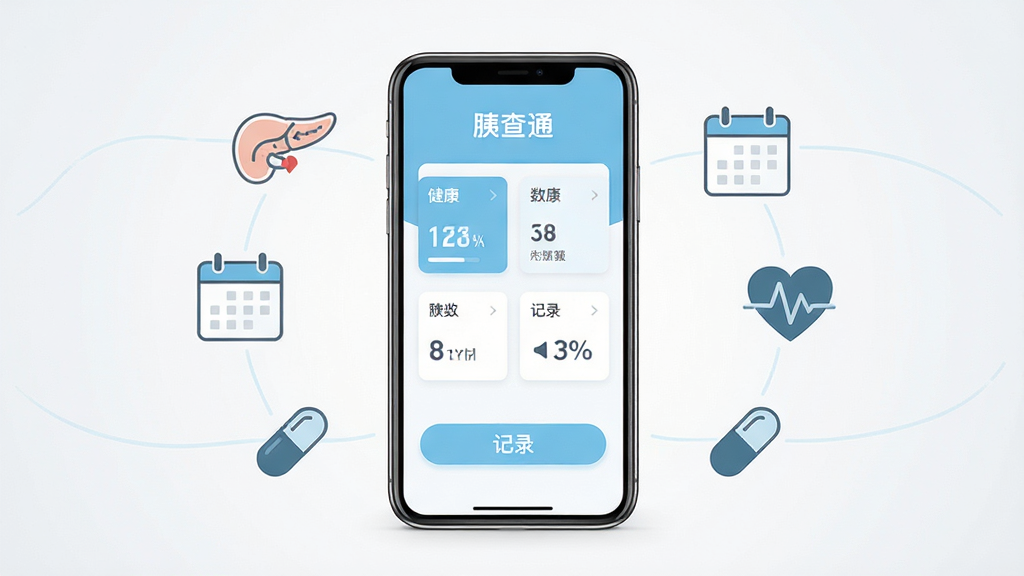 画面中央是一部智能手机,屏幕上显示“胰查通”应用主界面,界面以浅蓝色和白色为主色调,包含健康数据卡片和记录按钮;手机周围环绕着简约的医疗健康图标,如胰腺轮廓示意图、日历、心率曲线、药丸图标;背景为干净的浅灰白色渐变,整体布局居中对称,风格简洁现代,扁平化设计,细节清晰,画质高清,干净无多余元素