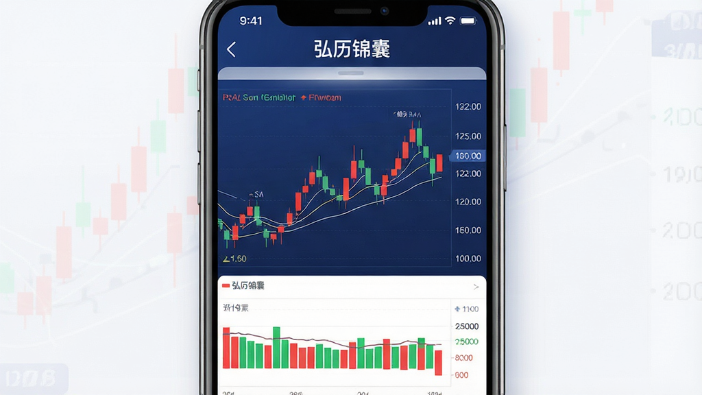 手机屏幕中展示弘历锦囊股票分析界面,主体为一部竖屏智能手机居中放置,布局上屏幕内呈现K线图与红绿柱状指标,上方有软件名称“弘历锦囊”字样,排版简洁居中,风格为现代科技感扁平化设计,细节包括细腻的图表线条、柔和的光影过渡、深蓝与白色主色调搭配,画质高清干净,无多余元素