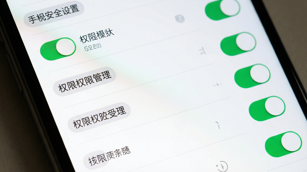手机安全设置界面中权限管理页面,主体为手机屏幕特写,布局上显示权限开关列表,排版纵向排列清晰,风格为简洁系统设置界面风格,细节包括绿色开关按钮、权限名称文字,画质清晰干净,无多余元素