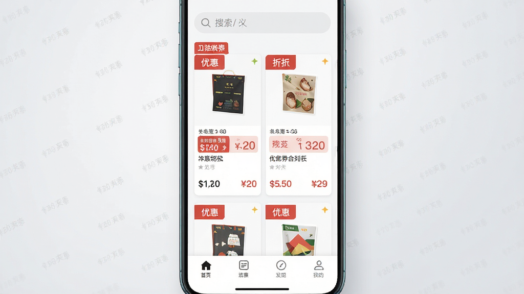 一张手机屏幕居中展示优惠券聚合列表界面,顶部为搜索框,中部为商品卡片与折扣标签,底部为导航栏,整体布局清晰,采用扁平化电商风格,细节包括红色优惠标签、商品缩略图和价格对比数字,画质干净清晰,无多余元素,背景为浅灰色渐变