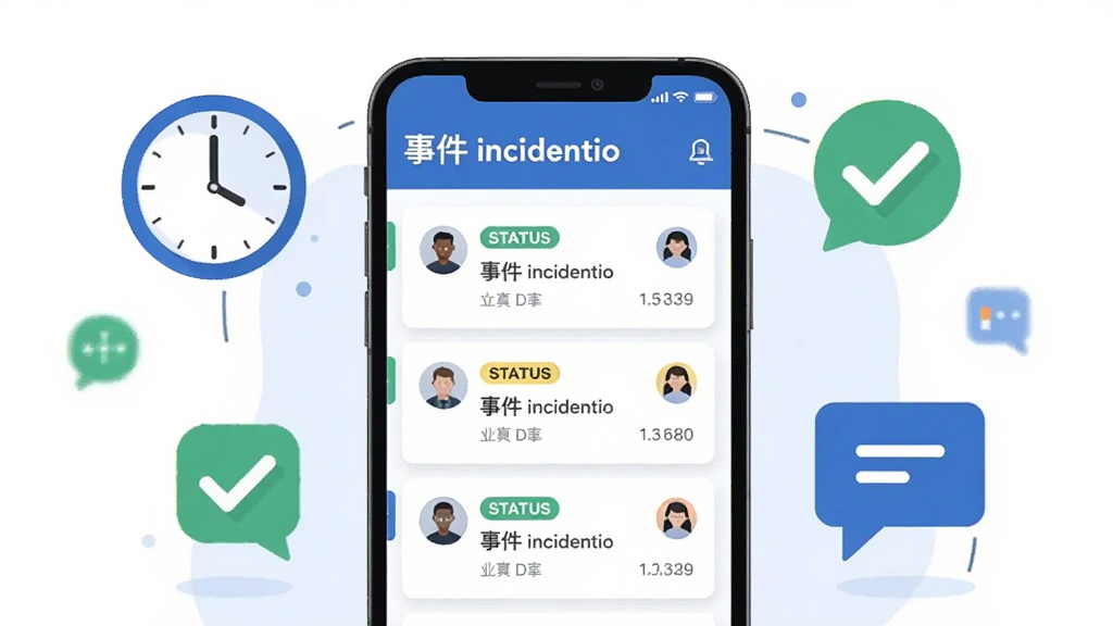 画面中央是一部竖屏智能手机,屏幕上显示事件incidentio软件的事件列表界面,标题为“事件incidentio”,列表包含多条事件卡片,带有状态标签和头像图标;手机周围环绕着时钟、对勾、对话气泡等扁平化图标,象征事件跟踪与团队协作;整体采用蓝白配色,背景干净简洁,扁平化插画风格,细节清晰,画质高清,无多余元素