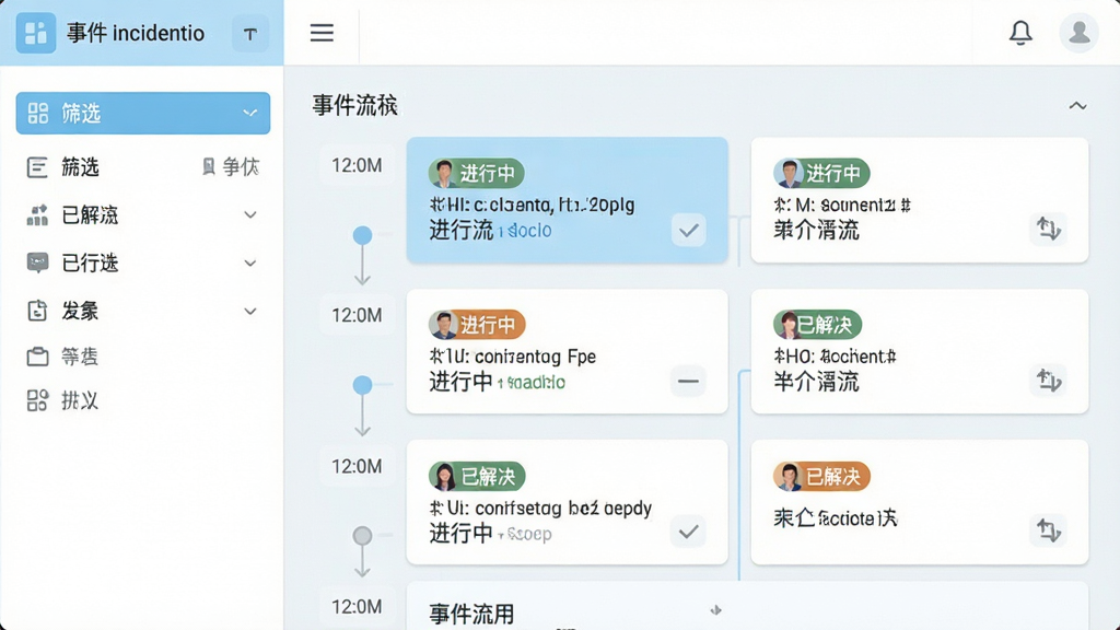 一张扁平化风格的界面示意图,画面主体是事件incidentio软件的事件流面板,左侧为筛选栏,右侧为按时间排列的事件卡片列表,卡片上标注“进行中”“已解决”等状态标签,整体配色以浅蓝和白色为主,布局清晰,风格简洁现代,画质干净高清
