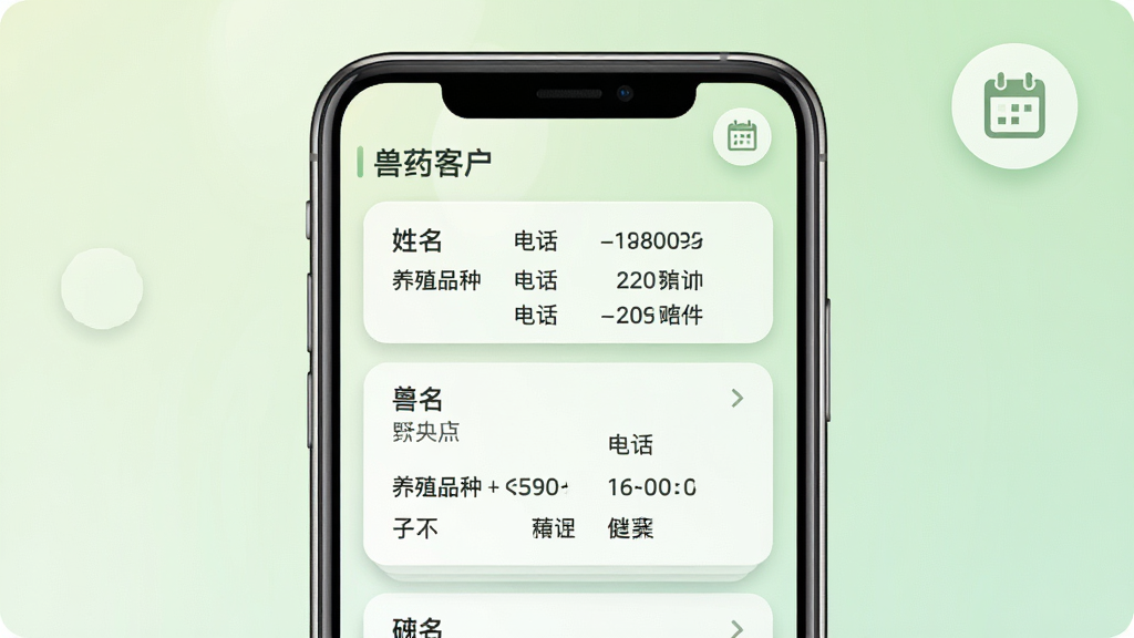 兽药通客户管理功能界面,手机屏幕显示客户列表与档案详情卡片,卡片上包含姓名、电话、养殖品种等字段,画面右上角有一个日历提醒图标,布局手机居中,背景为淡绿色渐变,风格柔和圆角,细节上卡片边缘有轻微投影,画质清晰,干净无多余元素