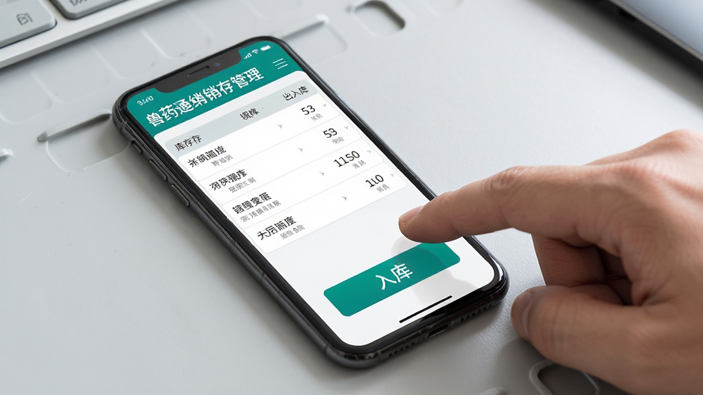 兽药通进销存管理界面展示,手机屏幕呈现库存列表与出入库按钮,画面中有一只手正在点击屏幕上的入库按钮,布局以手机为中心,背景为浅灰色工作台面,风格写实商务,细节上屏幕内数字清晰可见,画质高清,干净无多余元素