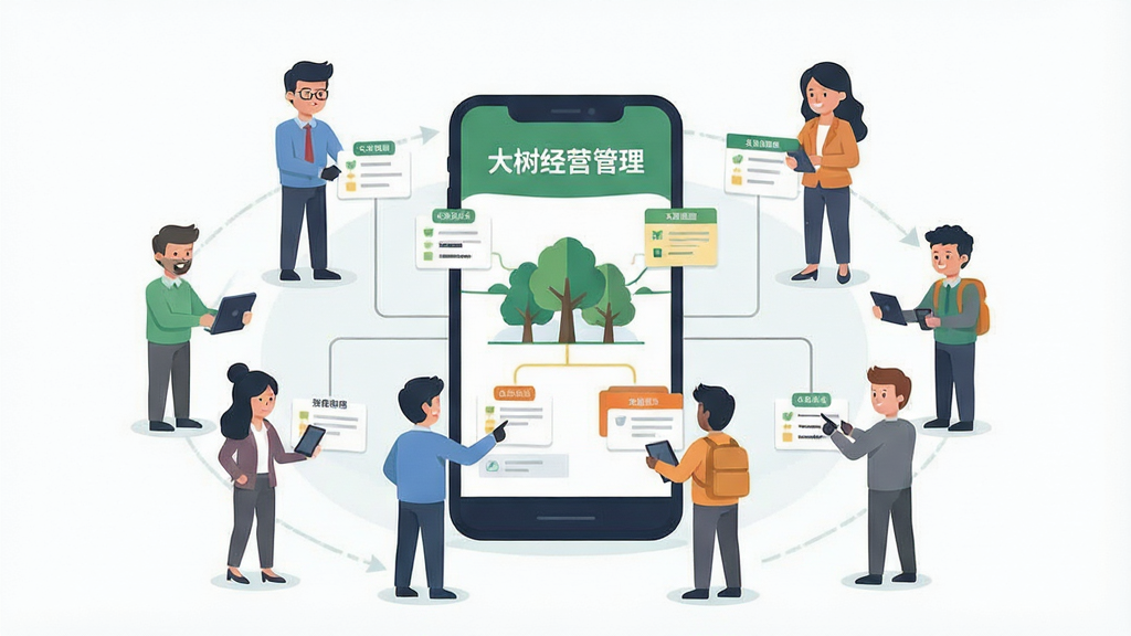 一张表现团队协作的扁平插画,画面中多位卡通人物围绕一部显示“大树经营管理”界面的手机协同工作,人物之间以连线与任务卡片相连,体现权限分层与任务流转,布局呈环形围绕手机,风格为现代商务扁平风,配色清爽,细节干净,画质清晰,无多余元素