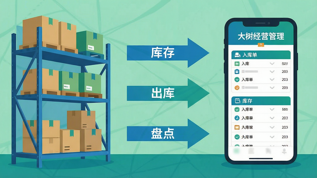 一张表现仓储与货架的场景插画,画面左侧为整齐的货架与包装箱,右侧为一部手机屏幕显示“大树经营管理”的入库单与库存列表,中间以箭头串联入库、出库、盘点三个环节,布局左右呼应,风格为明快的扁平商务插画,配色以蓝绿为主,细节干净,画质清晰,无多余元素
