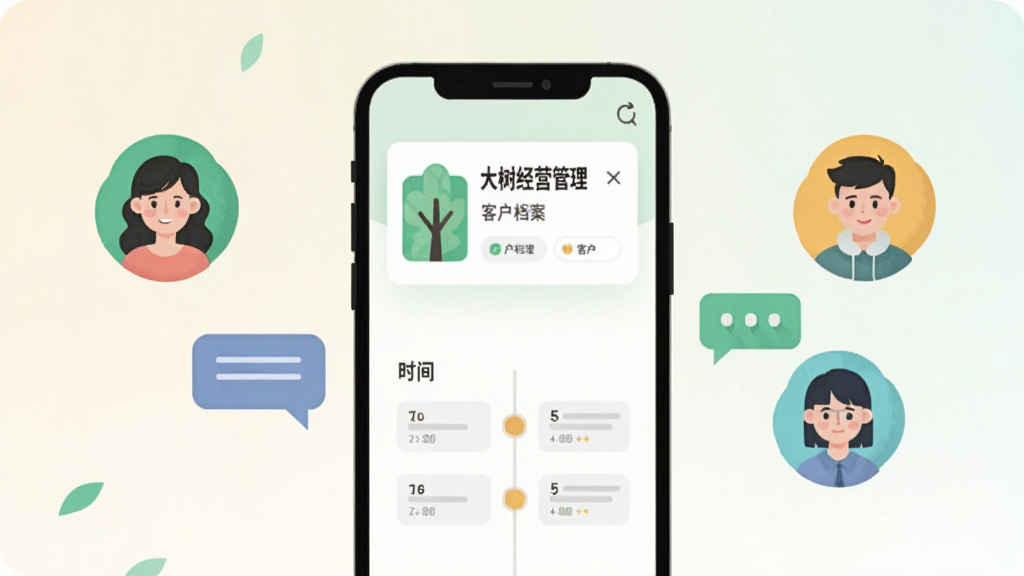 画面中央为一部手机,屏幕内呈现“大树经营管理”的客户档案卡片与跟进时间轴,手机两侧漂浮人物头像图标与对话气泡,背景为柔和的浅色渐变,布局居中展开,风格为亲和力强的扁平插画,细节简洁,画质干净,无多余元素