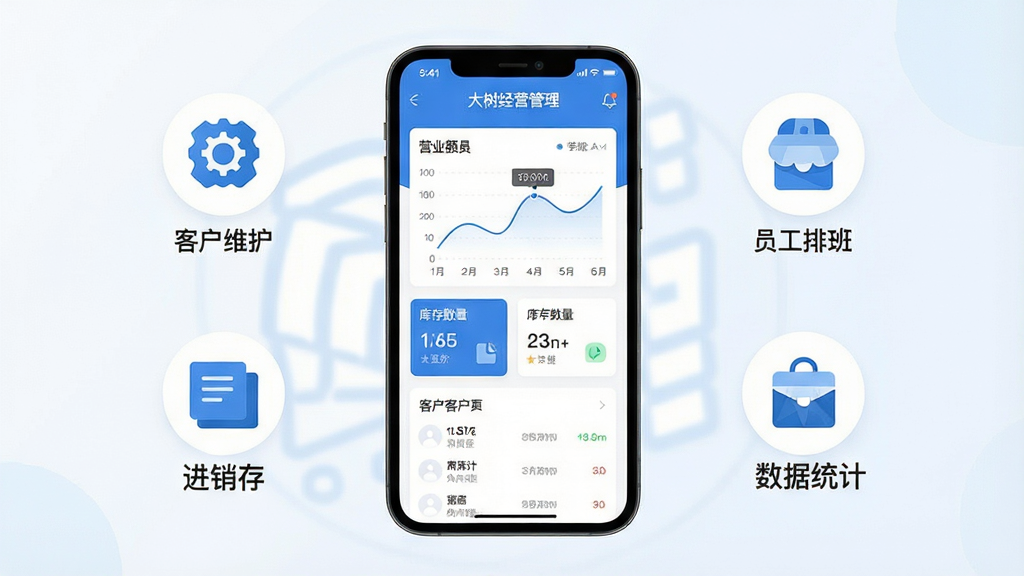 一张展示手机经营管理软件界面的场景图,画面中央是一部竖屏智能手机,屏幕内显示“大树经营管理”应用的数据看板,包含营业额曲线、库存数量卡片与客户列表模块,手机周围以扁平化图标环绕表现进销存、客户维护、员工排班与数据统计四大能力,整体采用清爽的蓝白配色,布局居中对称,风格为现代商务扁平插画,细节干净利落,画质清晰,无多余元素
