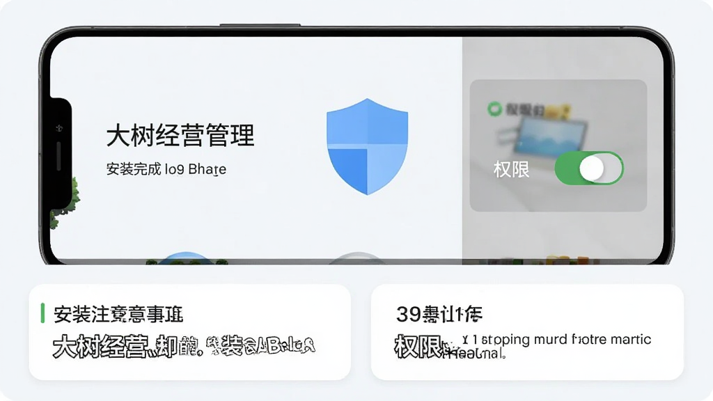一部手机屏幕显示“大树经营管理”安装完成后的引导页面,页面旁配有盾牌图标与权限开关示意,背景为简洁浅色,画面下方以文字卡片提示安装注意事项,布局上下分层,风格为清爽的扁平信息图,细节干净,画质清晰,无多余元素