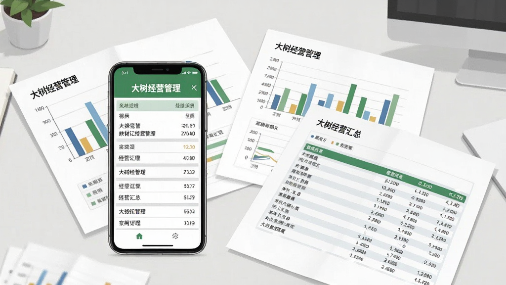 画面主体为一部手机与几张展开的报表纸张,手机屏幕显示“大树经营管理”的报表页面,纸张上以柱状图与数据表格呈现经营汇总内容,背景为简洁的办公桌面,布局错落有致,风格为写实感扁平插画,细节清晰,画质干净,无多余元素