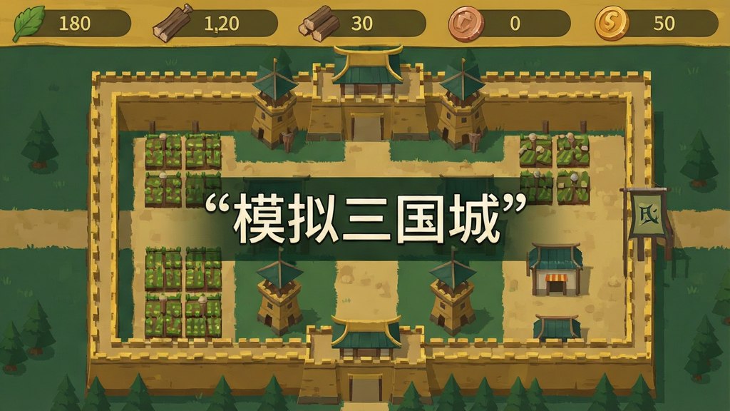 手机游戏界面截图风格,展示三国城池建设布局,屏幕中可见城墙、箭塔、农田、兵营等建筑图标整齐排列,顶部有资源栏显示粮食、木材、铜钱数量,画面中央用引号标注“模拟三国城”字样,扁平化UI设计,配色以土黄与墨绿为主,画质干净清晰,无杂乱元素